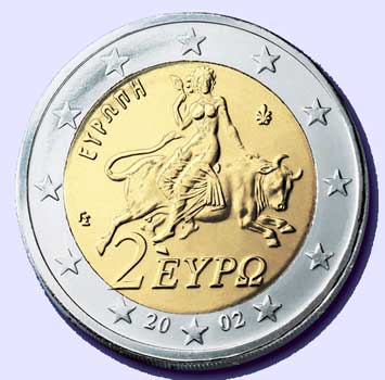 ▲짐승(황소)을 탄 여자 Europa의 모습이 새겨진 옛 그리스 화폐와 그리스 2유로 동전에 새겨진 Europa의 모습